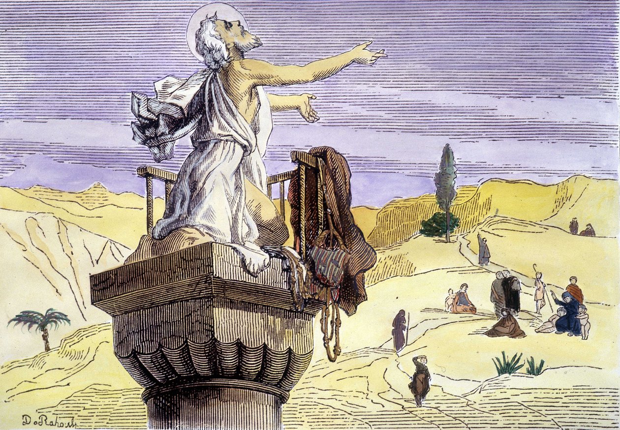 Saint Simeon stiliten predikar på en kolumn. av Unknown artist