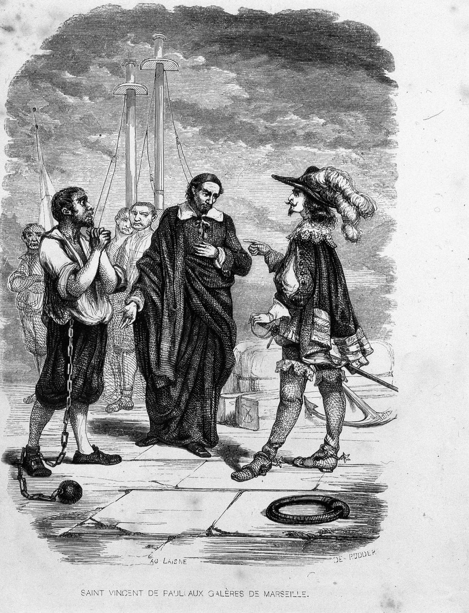 Saint Vincent de Paul går i förbön till förmån för en fånge med en officer vid galärerna i Marseille - i "" Les Bagnes: historia, typer, seder, mystik" av Maurice Alhoy, red. Gustav Håvard av Unknown artist