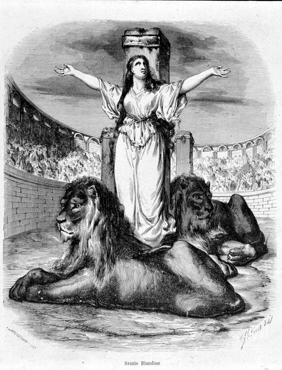 Sainte Blandine på arenan, lejonen som ligger vid hans fötter (kristna förföljelser i Lyon) - i "Histoire des popes"" av Maurice Lachatre av Unknown artist
