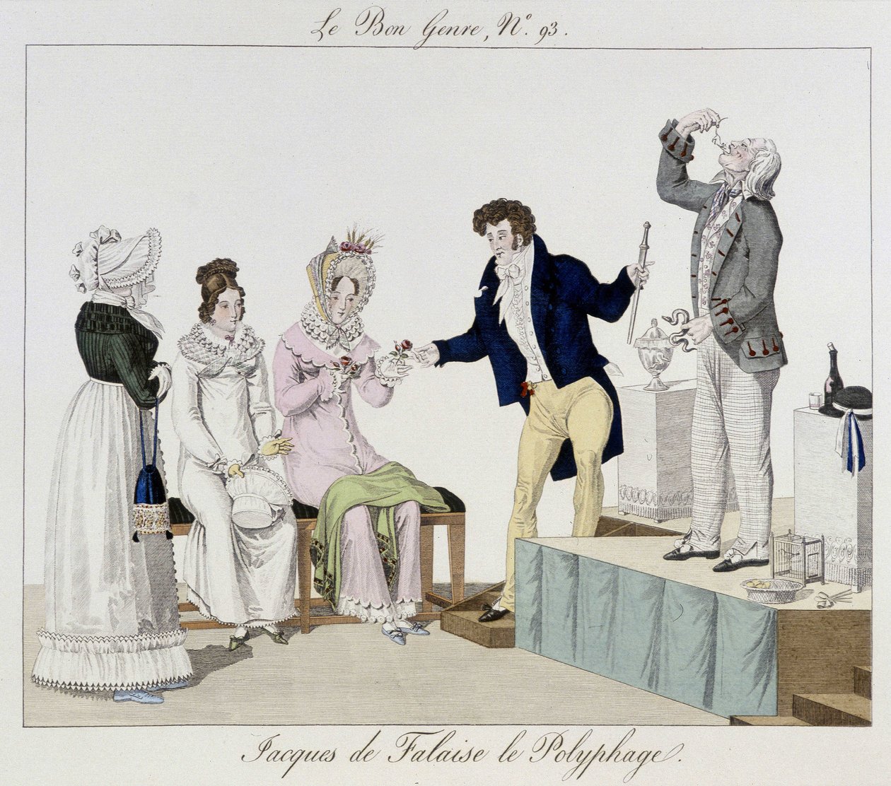 Saltimbanque: Polyfagen Jacques de Falaise (han sväljer vad som helst, levande djur...) - i "" Le bon-genren"", deb. 1800-talet av Unknown artist