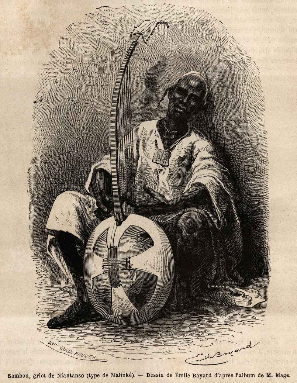 Sambou, griot från Niantanso (Mali) (Malinke-typ: västafrikanskt språk (Guinee, Senegal, Mali och Elfenbenskusten), poet, musiker, historiker och berättare, griot är förvaringsinstitutet för ett folks kollektiva minne. Gravyr för att illustrera historien av Unknown artist