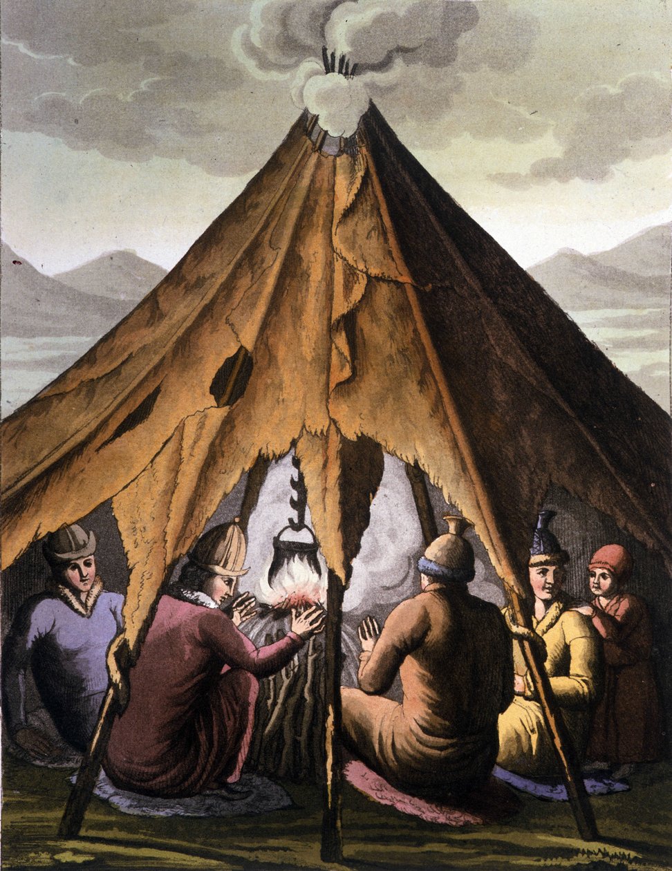 Samer: Ursprungsbefolkningen som bor i de nordliga ländernas länder (Norge, Finland, Sverige och Ryssland) samlas kring en eld under ett tält. Gravyr av 1800-talet av Unknown artist