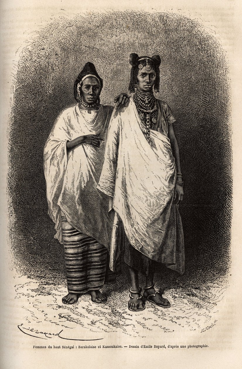 Sarakolesiska och Kassonkesiska kvinnor, befolkningar i övre Senegal, i traditionella kläder. Gravyr för att illustrera en kryssning på Afrikas kust, av viceamiral Fleuriot de Langle, 1868, publicerad i "" Le tour du monde""" 1872, redigerad av Edouard Cha av Unknown artist