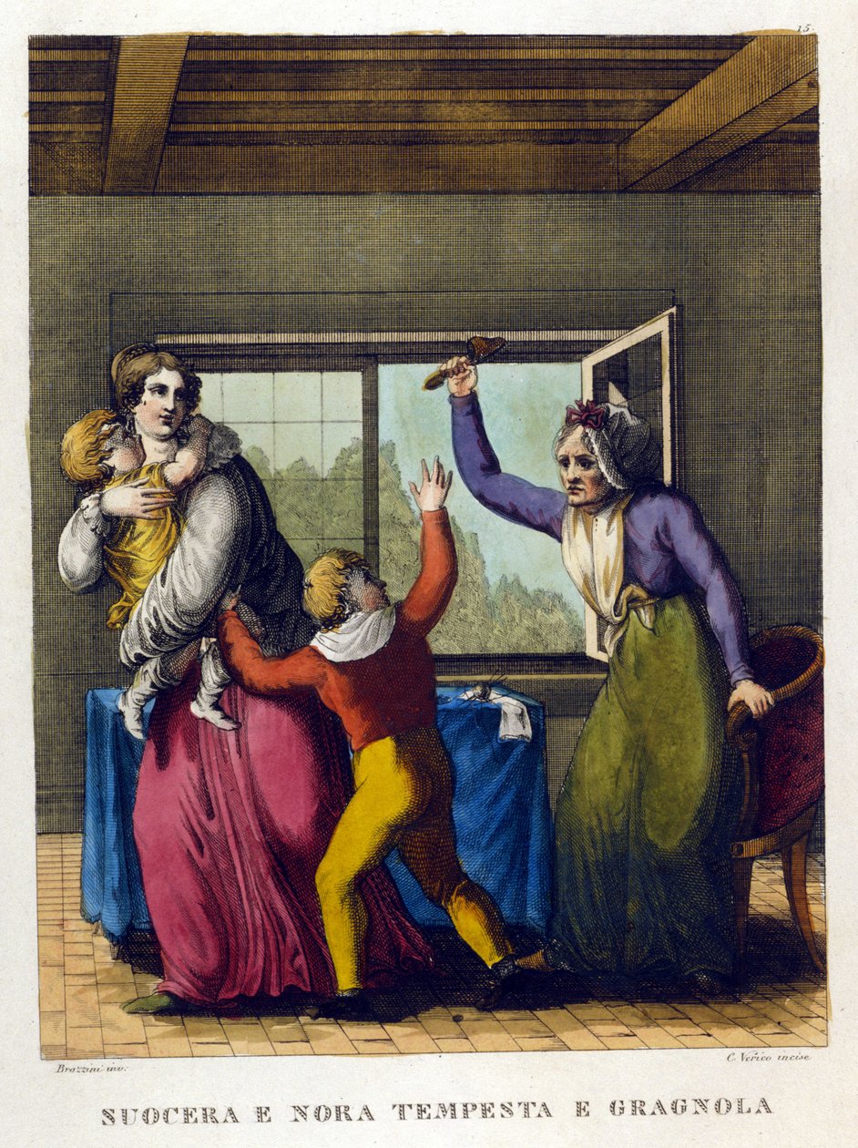 Ordspråk: "" Vacker mor och dotter, tempete och grele"". Illustration från en samling ordspråk från 1700-talet. av Unknown artist