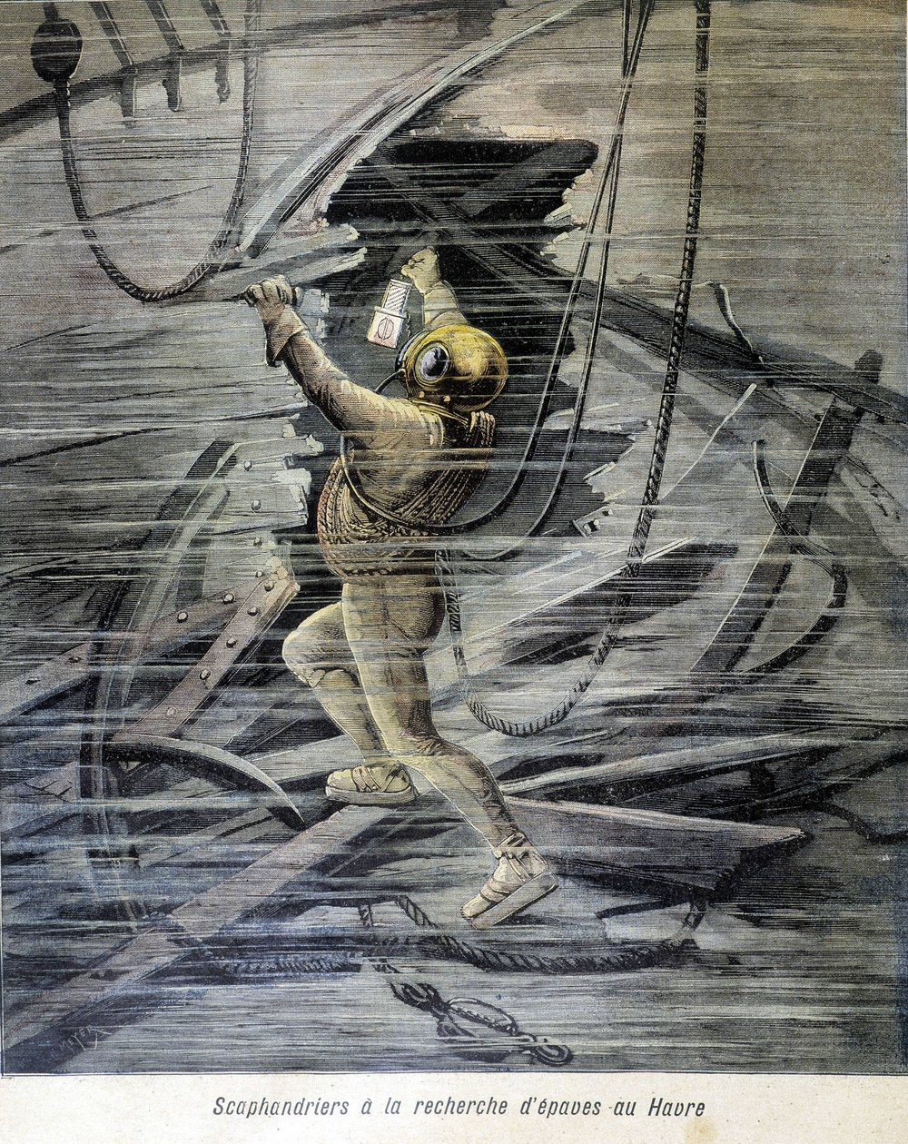 Scaphandrier letar efter vrak i Le Havre. illustration av "Petity Journal"" från 1892. av Unknown artist