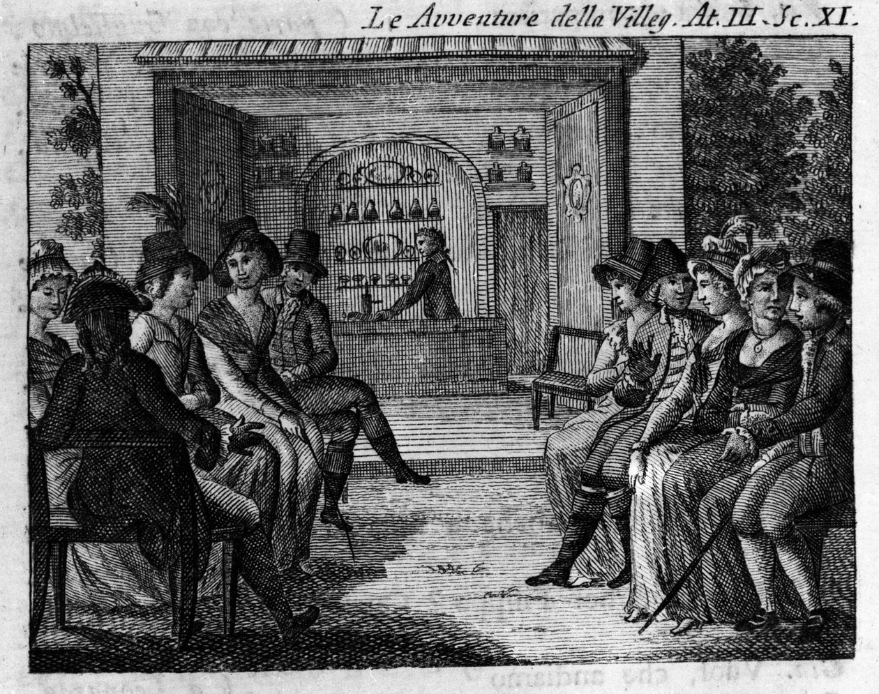 Scen 11 i akt III av det komiska stycket "" The avventure della villeggiatura"" (Stadens äventyr) (1756) av Carlo Goldoni (1707-1793). Gravyr av 1700-talet av Unknown artist