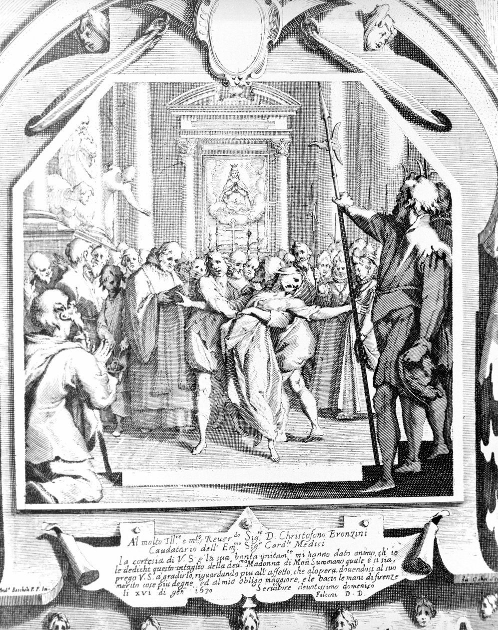 Scen för exorcism av en besatt kvinna med Madonnan från Monsummano 1630. av Unknown artist