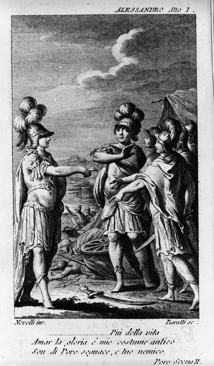 Scen i första akten av "" Alexandre aux Indies" (Alessandro nelle Indie), opera av kompositören Niccolo Vito Piccinni (eller Piccini) (1728-1800) (1758) efter ett libretto av Pietro Metastasio (Metastase). Gravyr från slutet av 1700-talet av Unknown artist