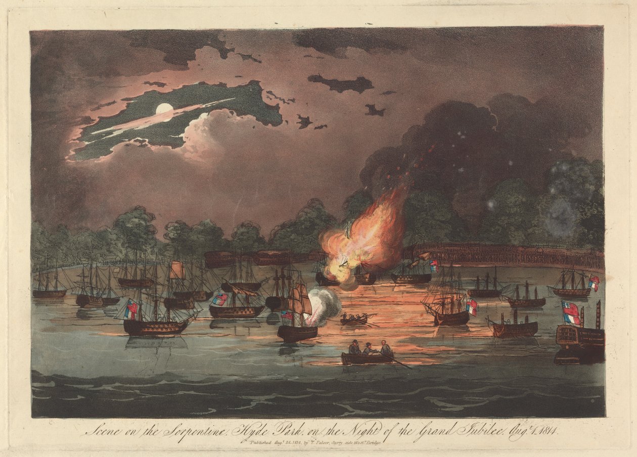 Scen på Serpentinen, Hyde Park på The Night of the Grand Jubilee, 1 augusti 1814 av Unknown artist