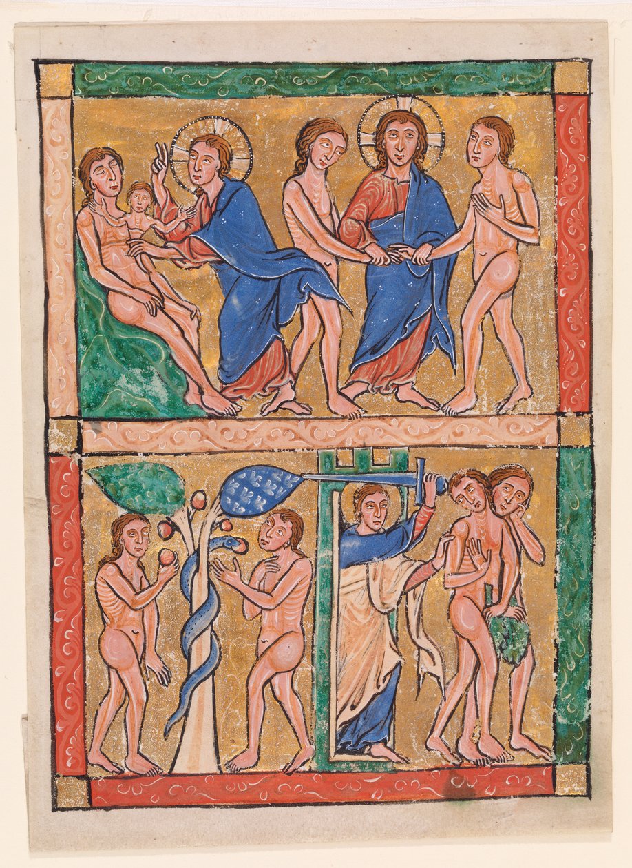 Scener ur Första Moseboken: Evas skapelse, Adams och Evas äktenskap, frestelsen och utvisningen av Unknown artist