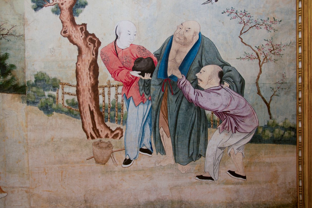 Scener av vardagslivet i Kina, detalj av den kinesiska tapeten, kinesiskt skåp, jaktresidens, av Filippo Juvarra (1678-1736), Stupinigi, Piemonte, Italien av Unknown artist
