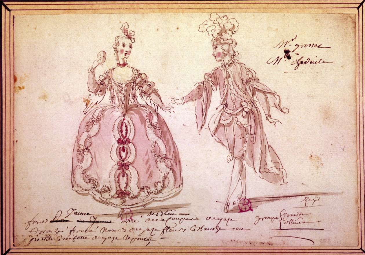 Scenografi: teckning av kostymer för pastorala "" Nais" av Jean Philippe (Jean-Philippe) Rameau (1683-1764) 1764. Akvarell. av Unknown artist