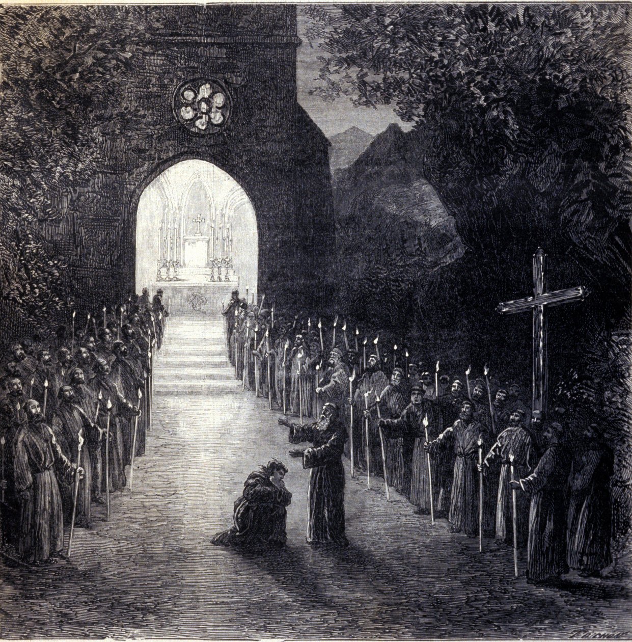 Scenografi för den sista scenen i akt II för operan "La forza del destino" (Ödets kraft) av den italienske kompositören Giuseppe Verdi (1813-1901) för föreställningen på Parisoperan av Unknown artist