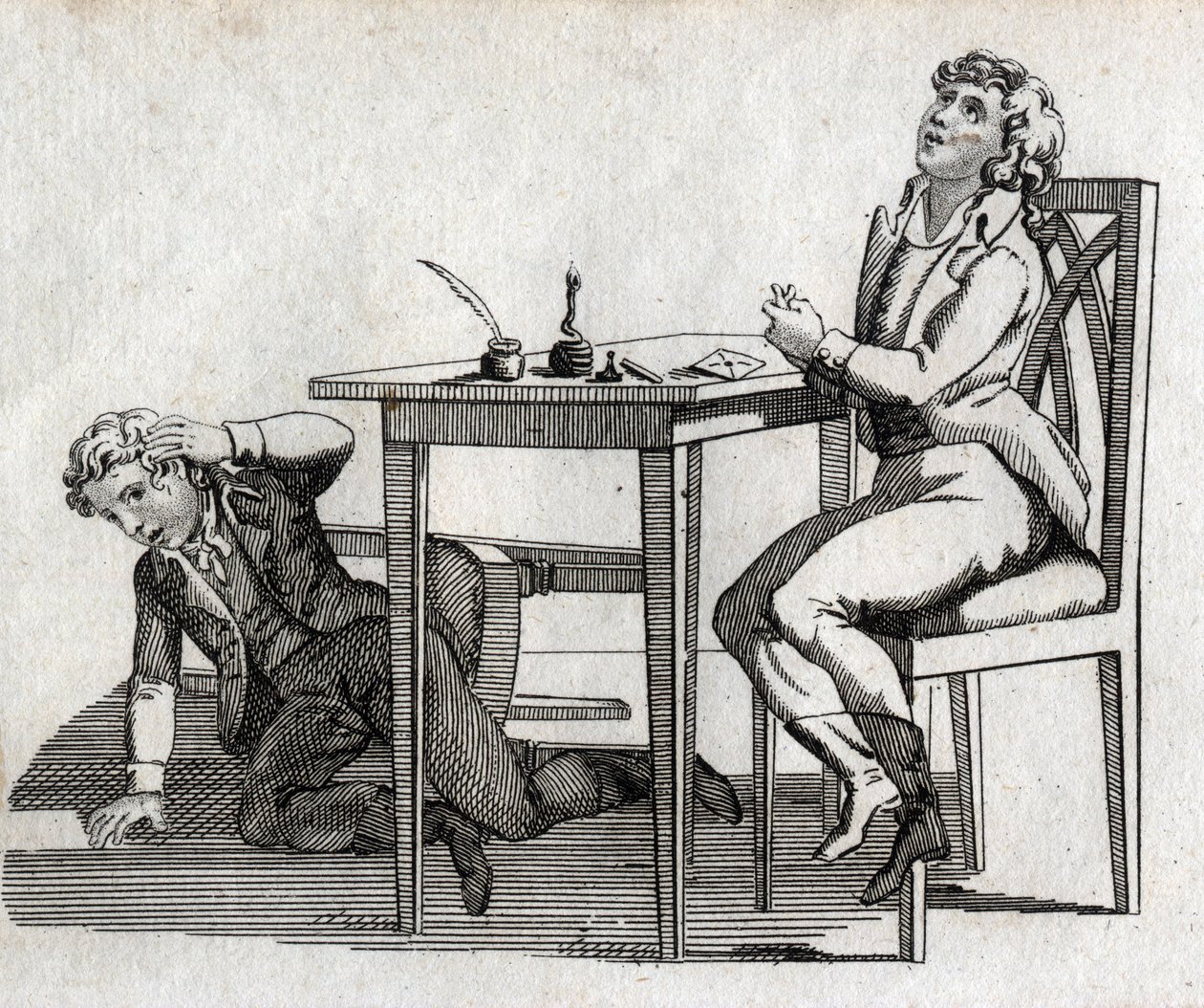 Skolelever har ett bord med inkcrib. Gravyr sent 1700-tal. Privat samling. av Unknown artist