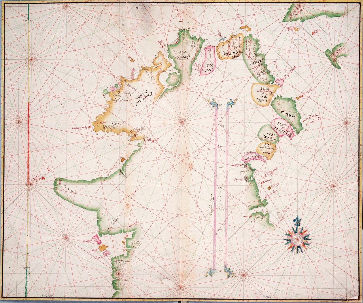 Sjökort över Irlands norra kust, ca 1600 (papper, linne) av Unknown artist