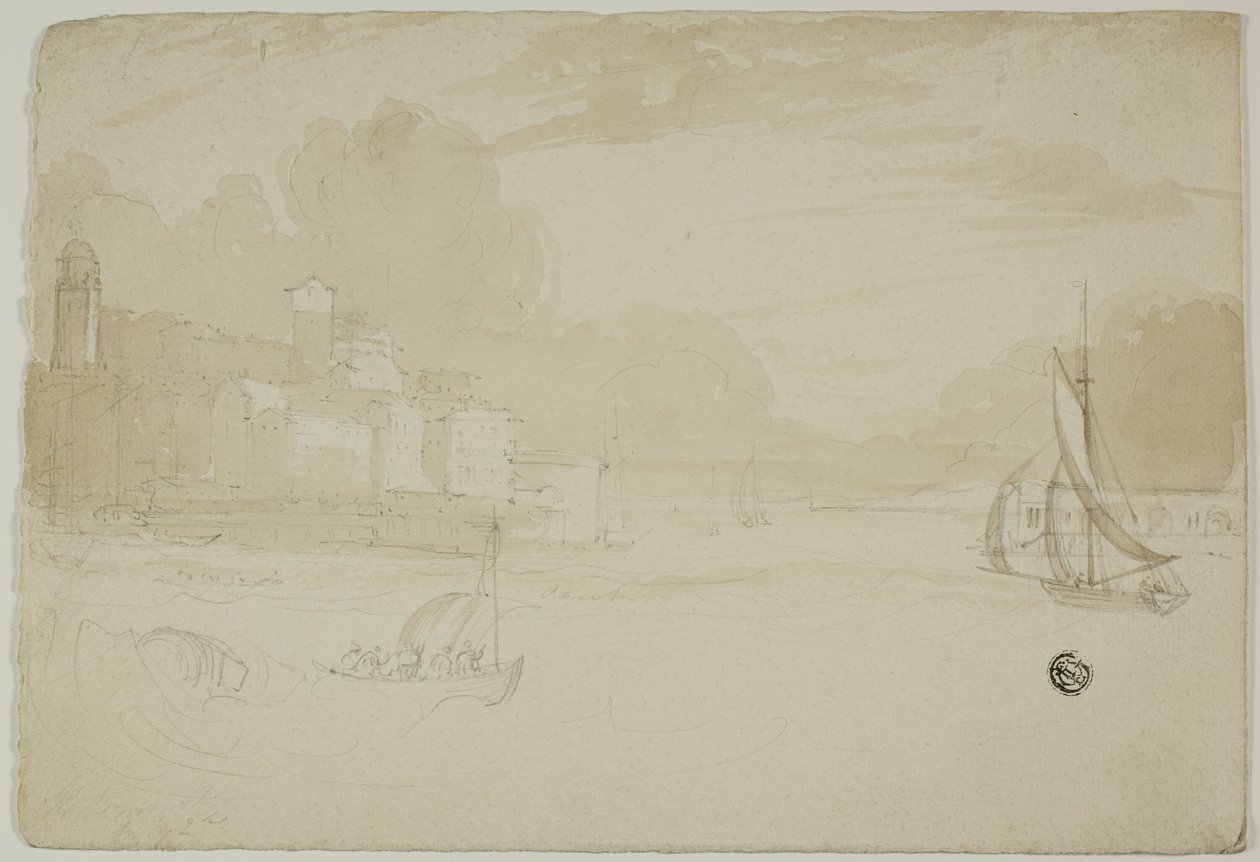Havshamn med fiskebåtar av Unknown artist