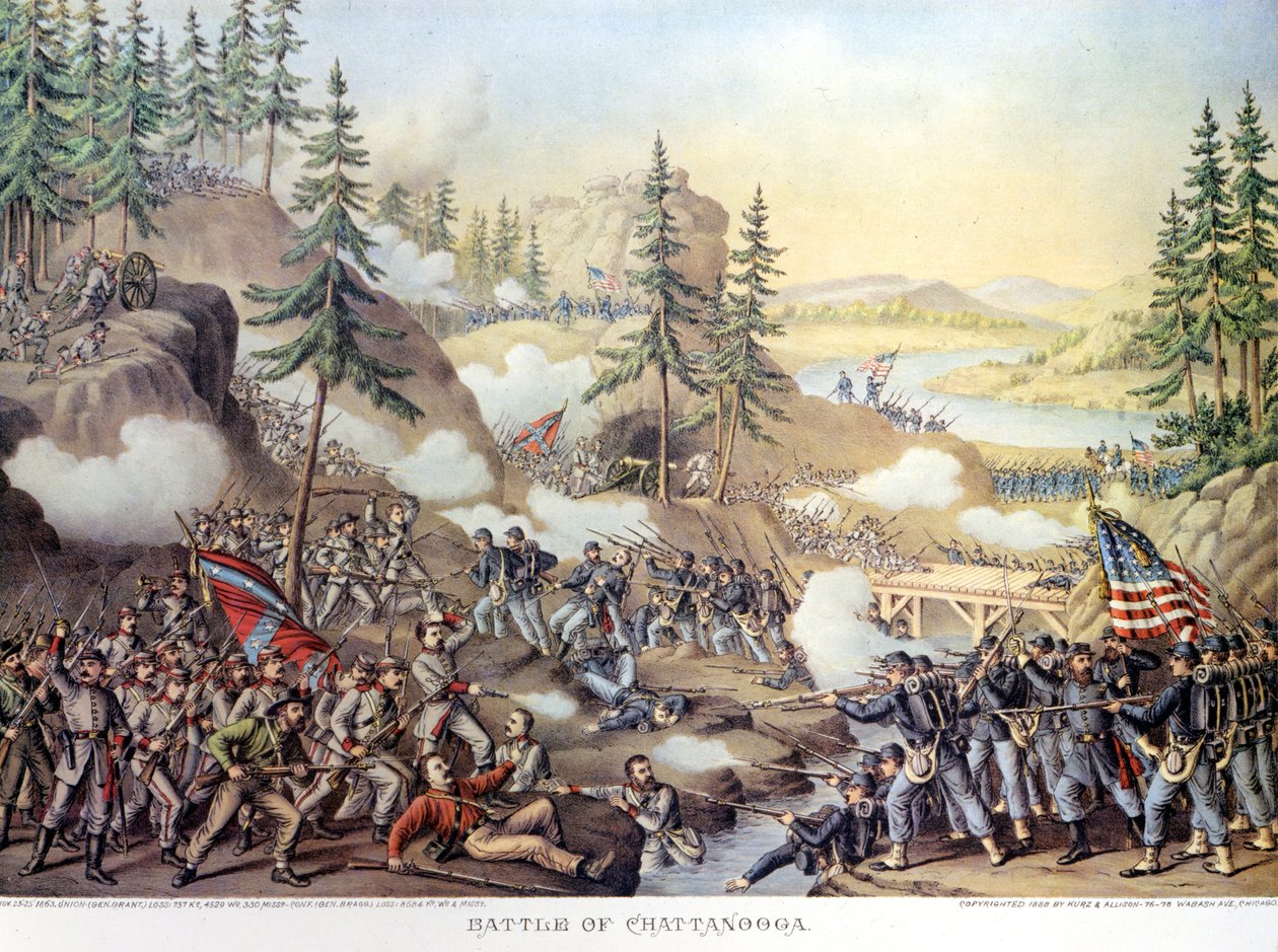 Secession War (1861 - 1865) eller American Civil Giuerre: 24-25/11/1863: efter två dagars strid vid Chattanooga, Tennessee, seger för den norra armén under kommando av general Rosecrans. Gravyr. av Unknown artist