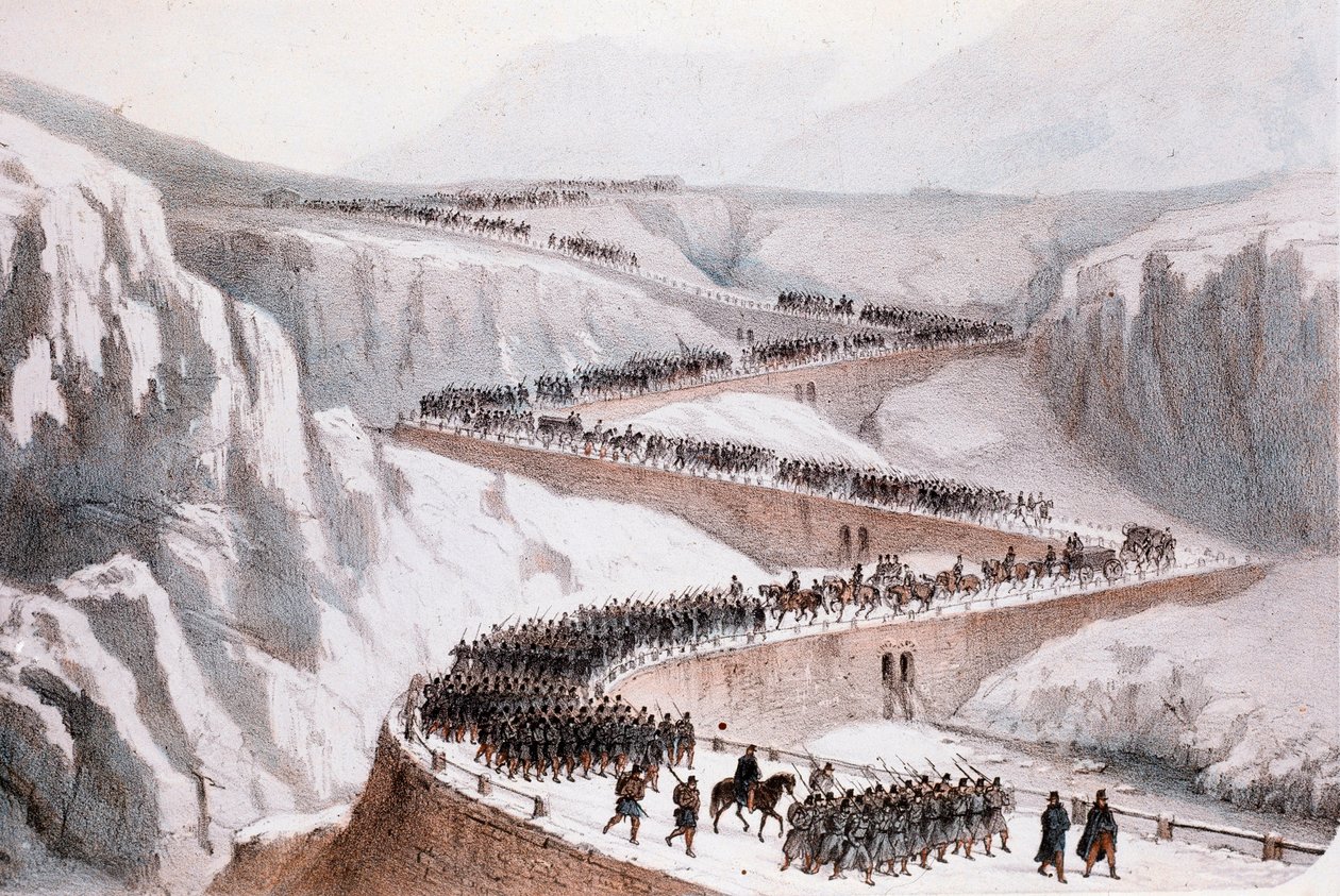 Andra italienska frihetskriget: den franska arméns passage av Moncenisio den 29 april 1859 (tryck) av Unknown artist
