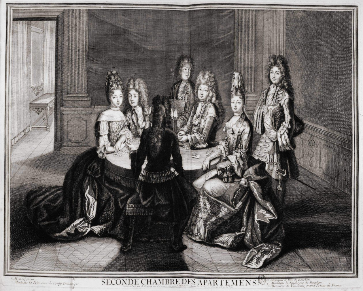 Lägenheternas andra rum (Versailles): 1. Monsignor, 2. Madame Princess of Conty Dowager, 3. Monsieur le Duke de Bourbon, 4. Madame hertiginnan av Bourbon, 5. Monsieur de Vandôme, Frankrikes storprior. Gravyr av Trouvain, tidigt 1700-tal av Unknown artist