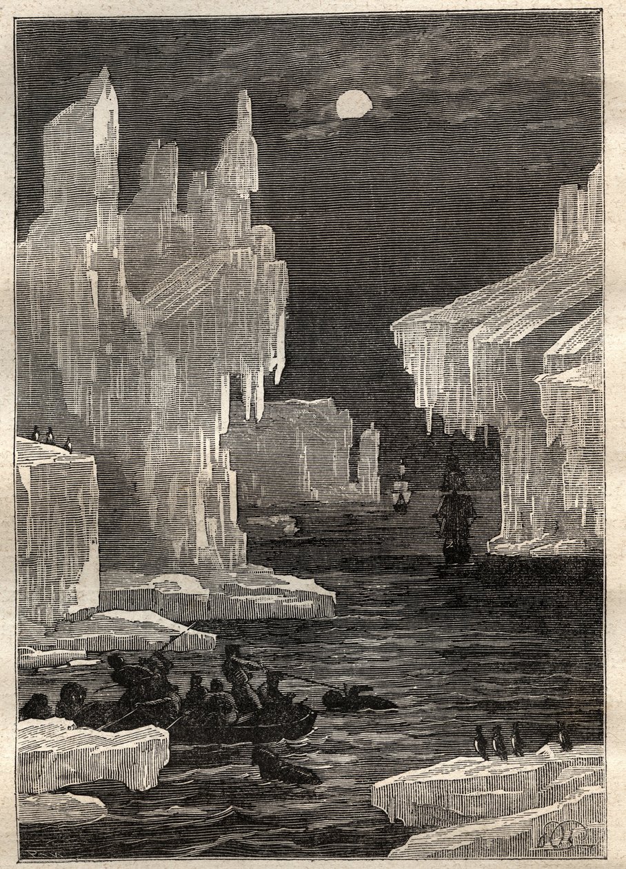 Andra resan (1772-1775) av kapten James Cook (1728-1779): isöarna (isberg), korsningar på vägen till omskärelseudden (Bouvet Island, Antarktis) - illustration hämtad från "The Great Mariners of the 1700-talet"" av Unknown artist