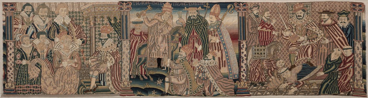 Avsnitt av en broderad fris: Ahasveros och Ester, påven som trampar på kejsaren, Henrik VIII trampar påvens hals av Unknown artist