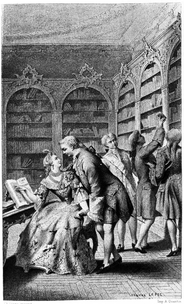 Förföringsscen i ett bibliotek på 1700-talet. av Unknown artist