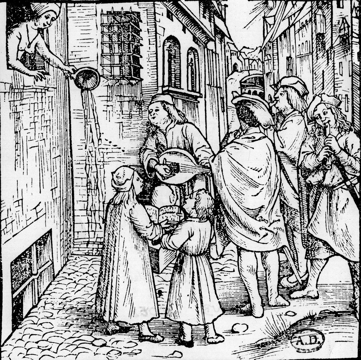 Studentserenad (musiker), Basel, ca 1500 - gravyr, Bibl. av Unknown artist