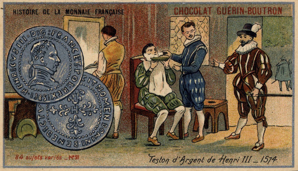 Serien History of the French Currency publicerad av Chocolat Guérin Boutron. 1800-talets kromolitografi. Silverteston av Henry III. 1574 av Unknown artist