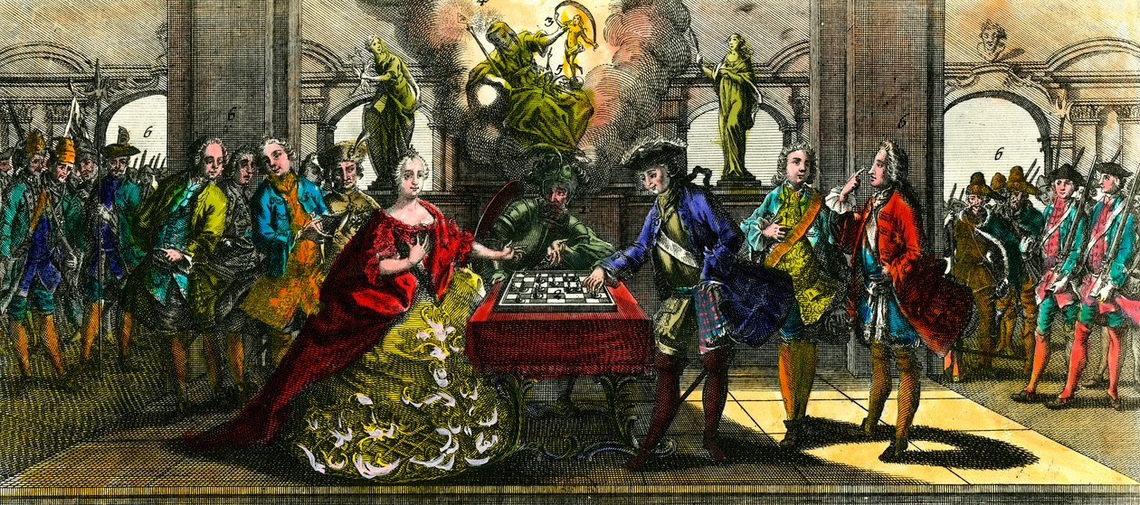 Sjuåriga kriget: allegori som representerar Marie Therese av Österrike (1717-1780) och Fredrik av Preussen (1712-1786) som spelar schack. Gravyr av 1700-talets privatsamling av Unknown artist