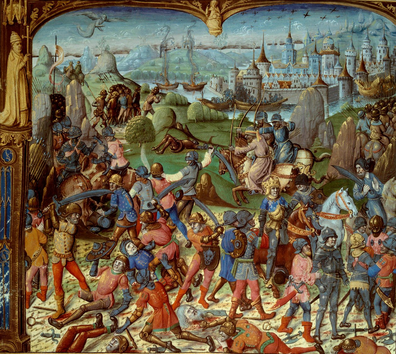 Sjunde korståget (1248-1254). Ludvig IX (Saint Louis) (1215-1270), kung av Frankrike, med korsningarna efter att ha blivit besegrade av saracenerna vid Mansourah 1250. De drog sig tillbaka bakom Damaskus torn. Ludvig IX och hans två bröder tas till fånga a av Unknown artist