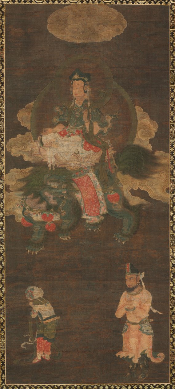 Shakyamuni Triad: Buddha deltog av Manjushri och Samantabhadra (Bodhisattva med lejon) av Unknown artist
