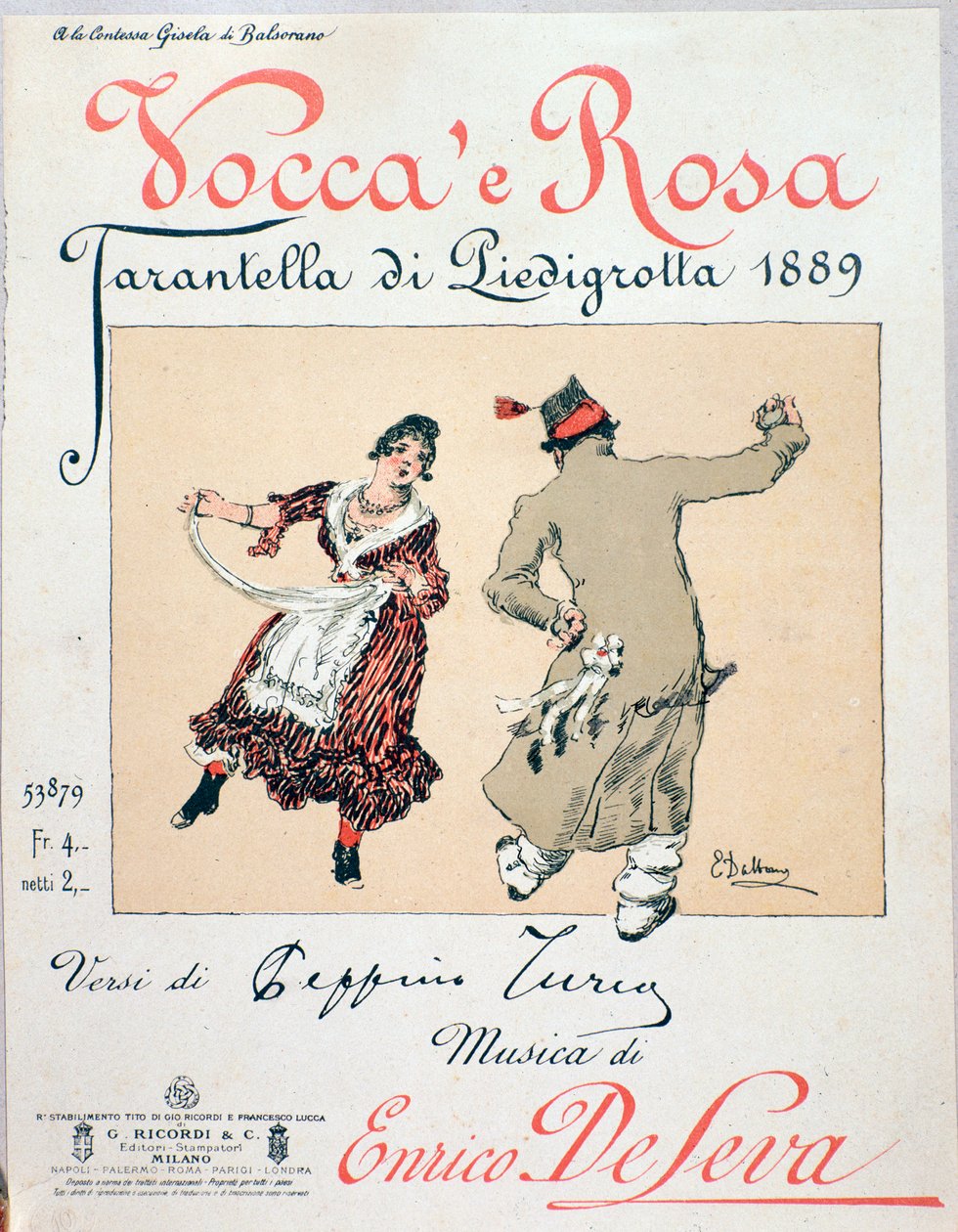 Notomslag på tarantella Vocca e Rosa av Enrico de Leva av Unknown artist