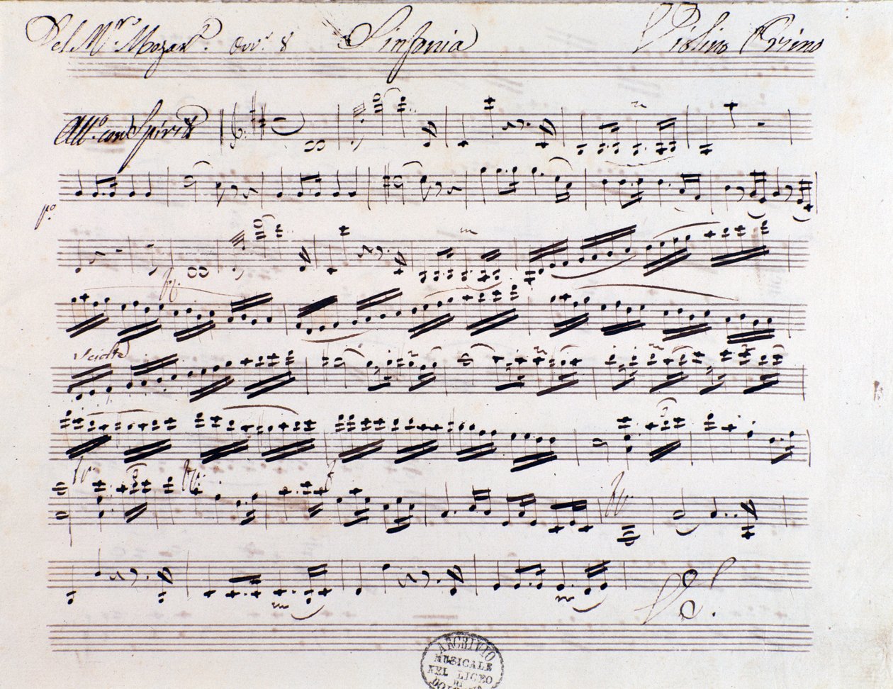 Notblad för första fiolen i symfoni nr. 7, av Mozart av Unknown artist