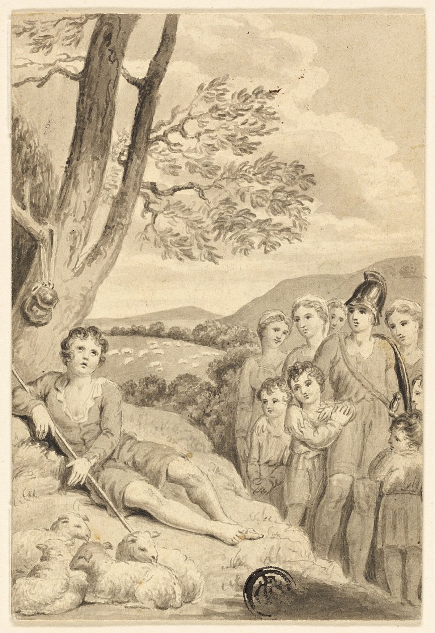 Herdepojke med flock, bevakad av krigare, kvinnor och barn av Unknown artist