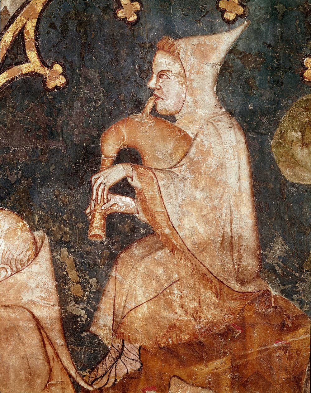 Herde som blåser i en säckpipa Detalj. Fresk från 1300-talet. Från Olite (Navarre) Museum of Navarra, Pamplona av Unknown artist