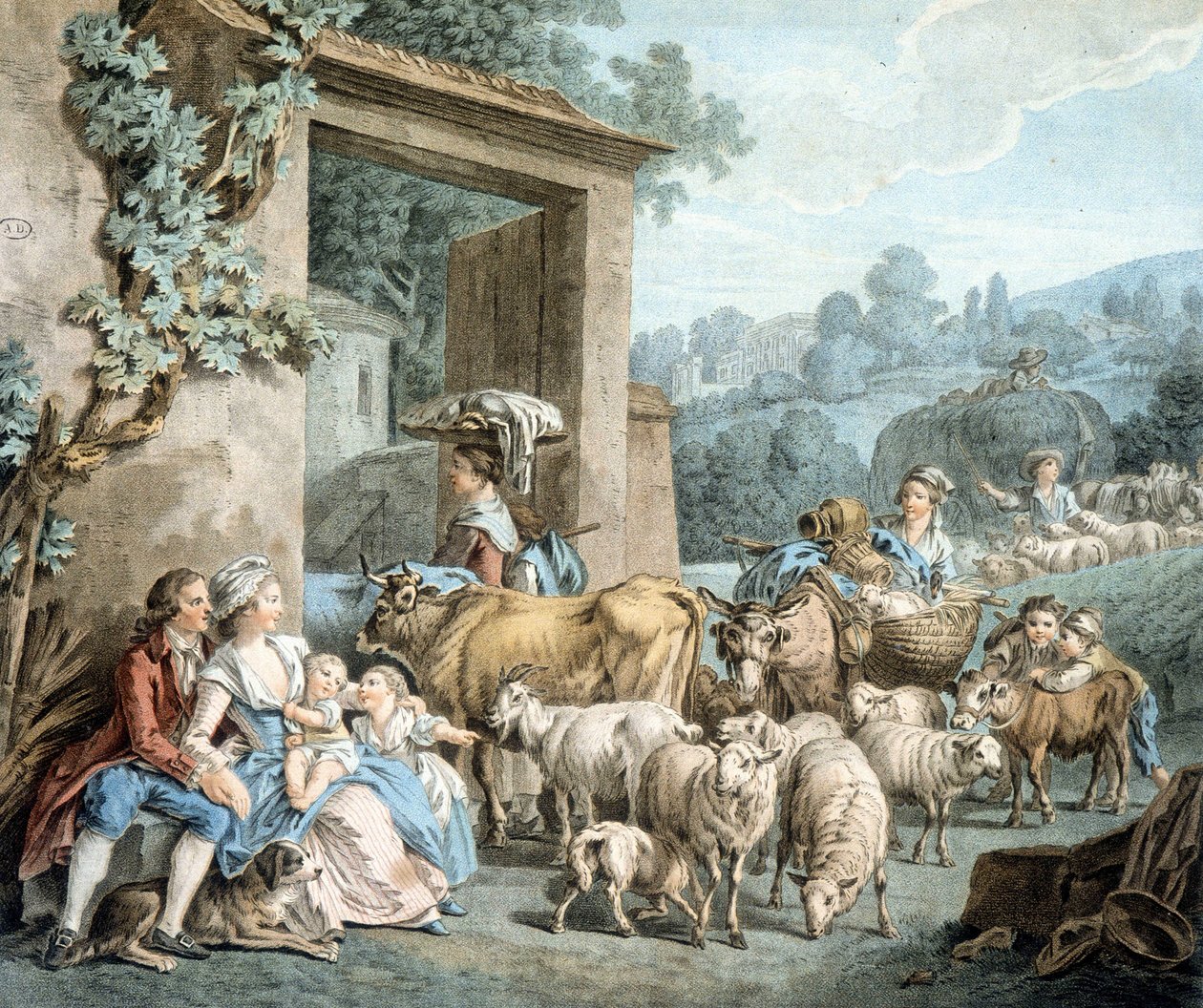 Herdar och får flockas framför en gård. av Unknown artist