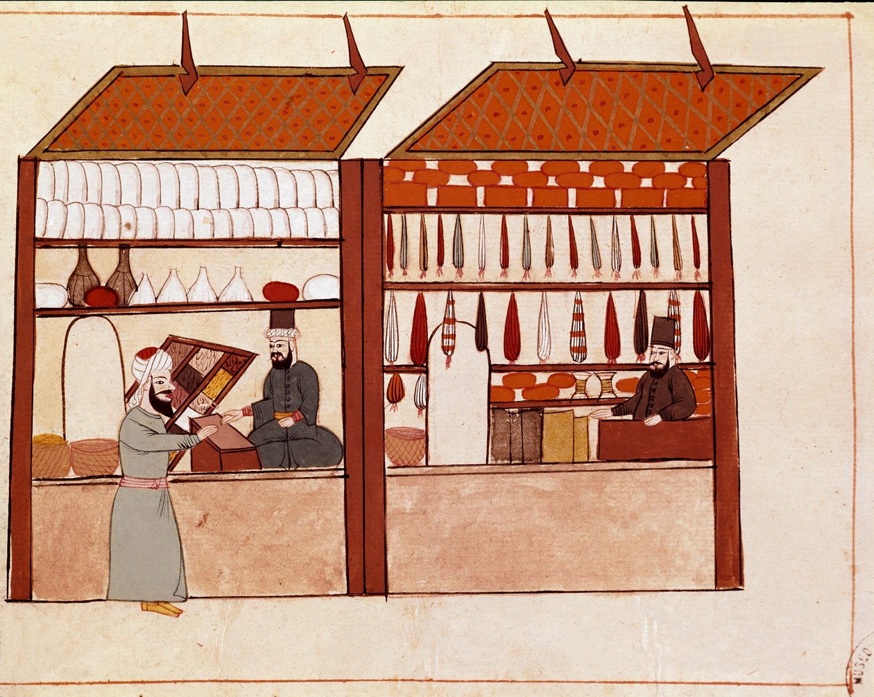 Butiker på gatorna i Konstantinopel. Miniatyr hämtad från ett Cicogna-manuskript från 1800-talet (1828) efter ett original från 1600-talet (1671). Venedig, Biblioteca Marciana av Unknown artist