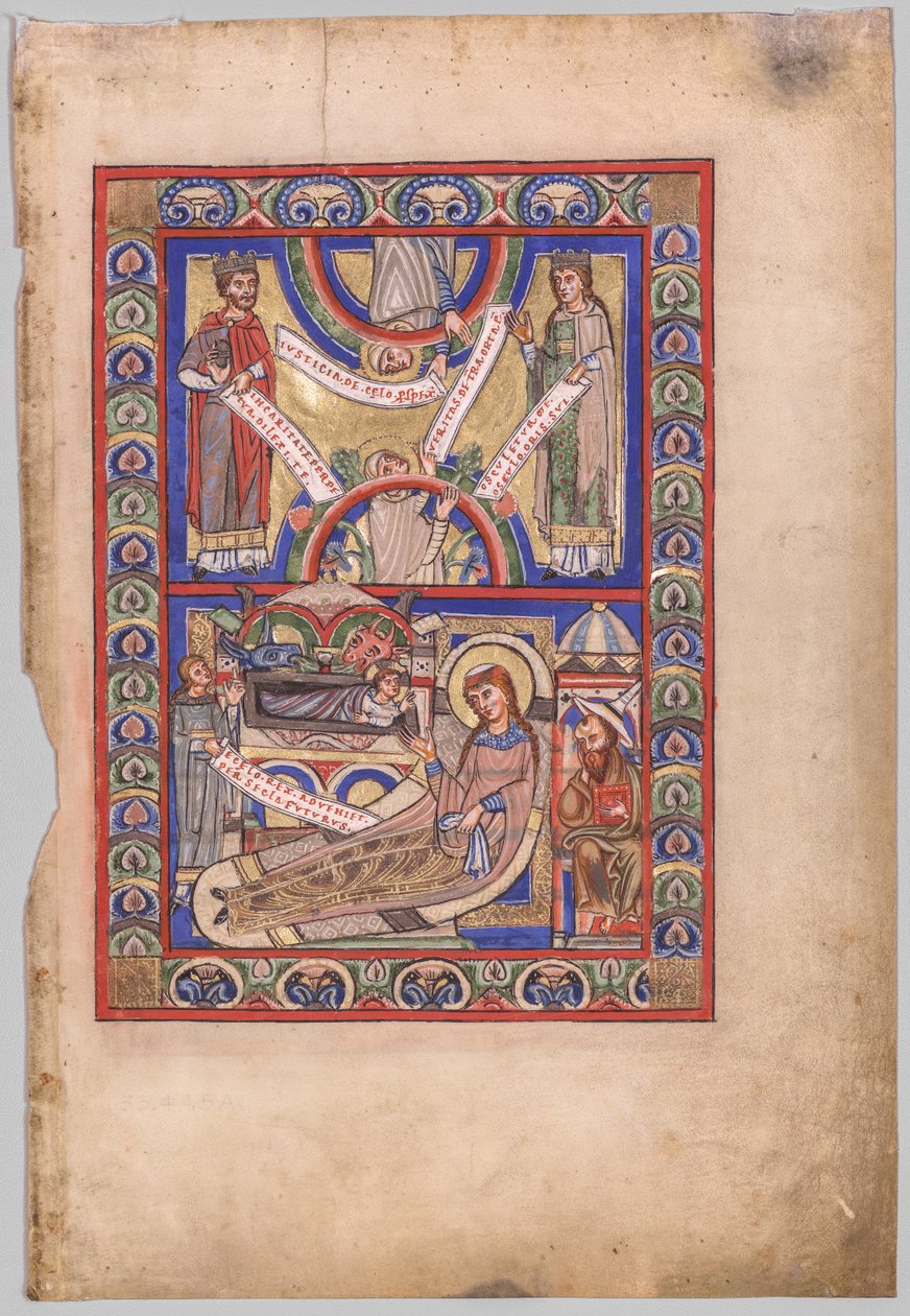 Enstaka blad utskuret ur en evangeliebok: Födelsekyrkan (recto) av Unknown artist