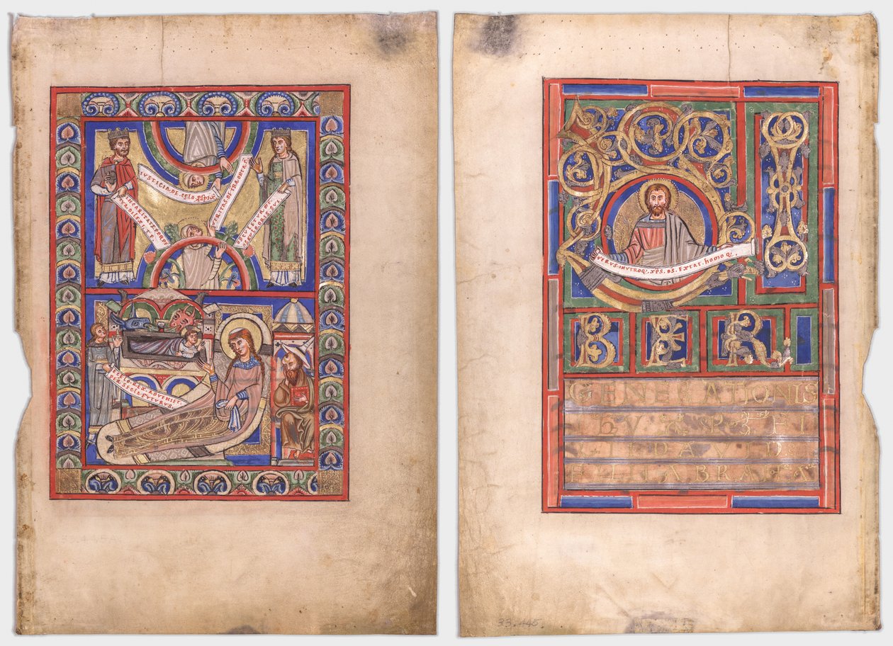 Enstaka blad utskuret ur en evangeliebok: Födelsekyrkan (recto) och St. Matteus (verso) av Unknown artist