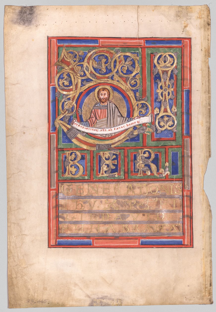 Enstaka blad utskuret ur en evangeliebok med initial L[iber generationis]: St. Matteus (verso) av Unknown artist
