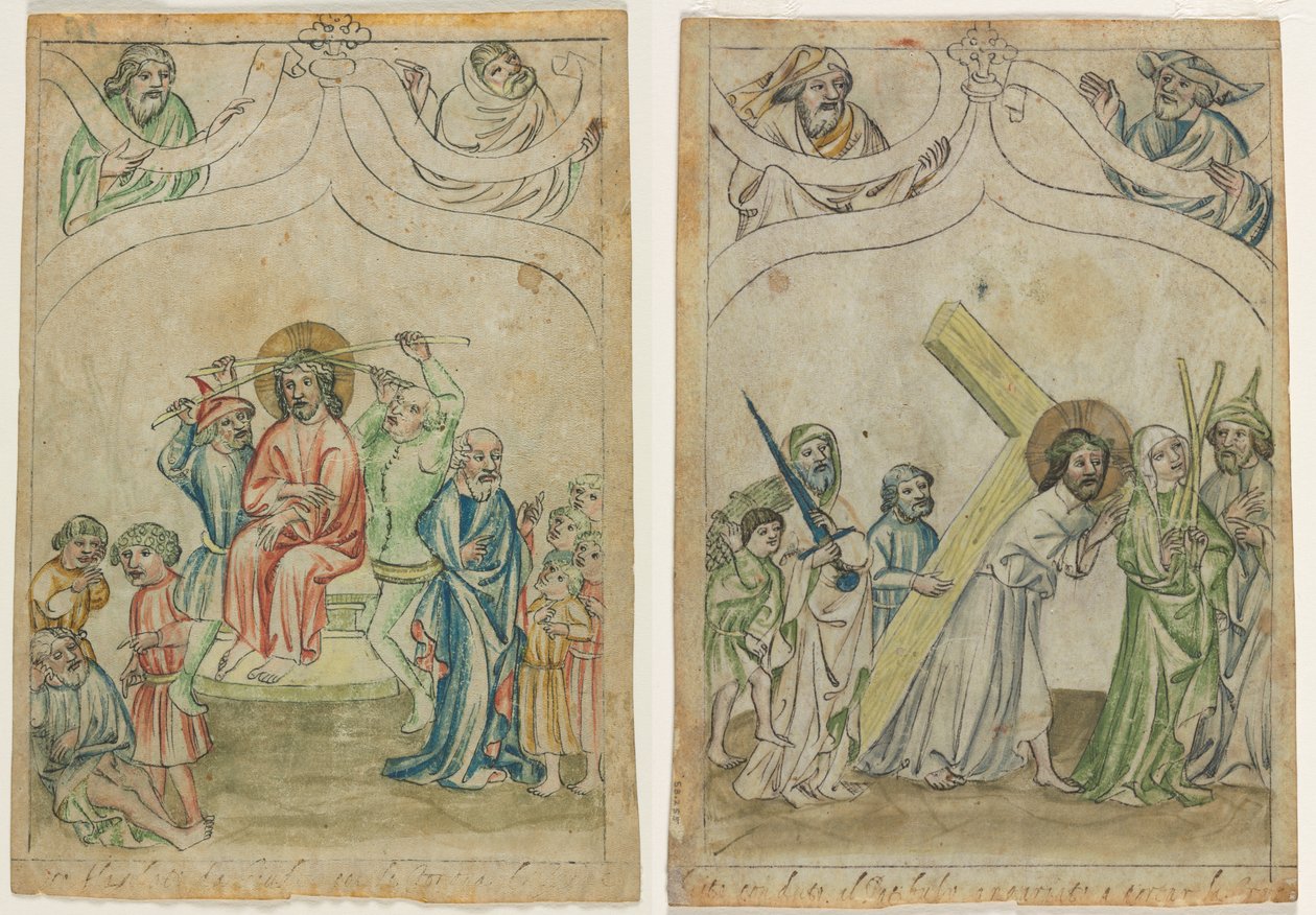 Enkelt blad från en "Biblia Pauperum": Kristus krönt med törnar (recto) Kristus bär korset (verso) av Unknown artist