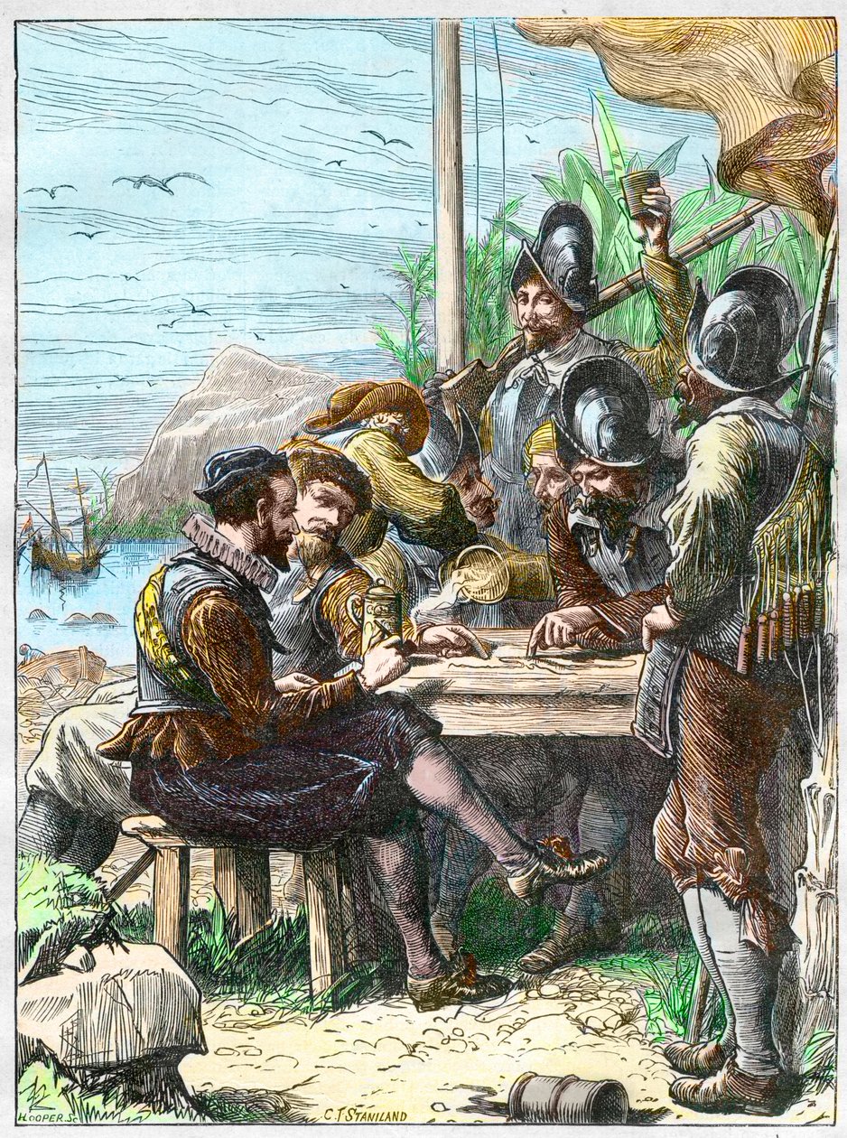 Sir Walter Raleigh på Trinidad, får information från de spanska soldaterna angående Guyana, 1595. - Expedition av Walter Raleigh av Unknown artist