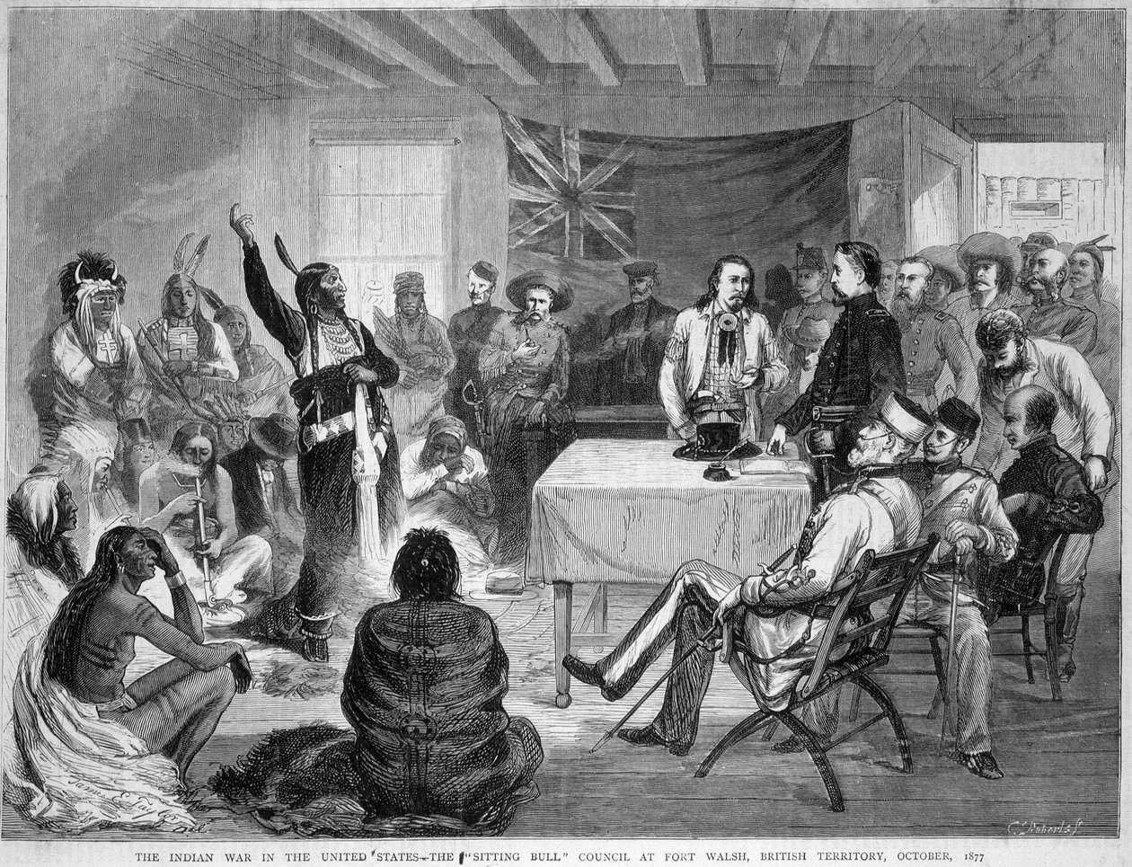 Sitting Bull and Buffalo Bill: Sitting Bull Council i Fort Walsh, brittiskt territorium, under kriget med indianerna, oktober 1877 av Unknown artist