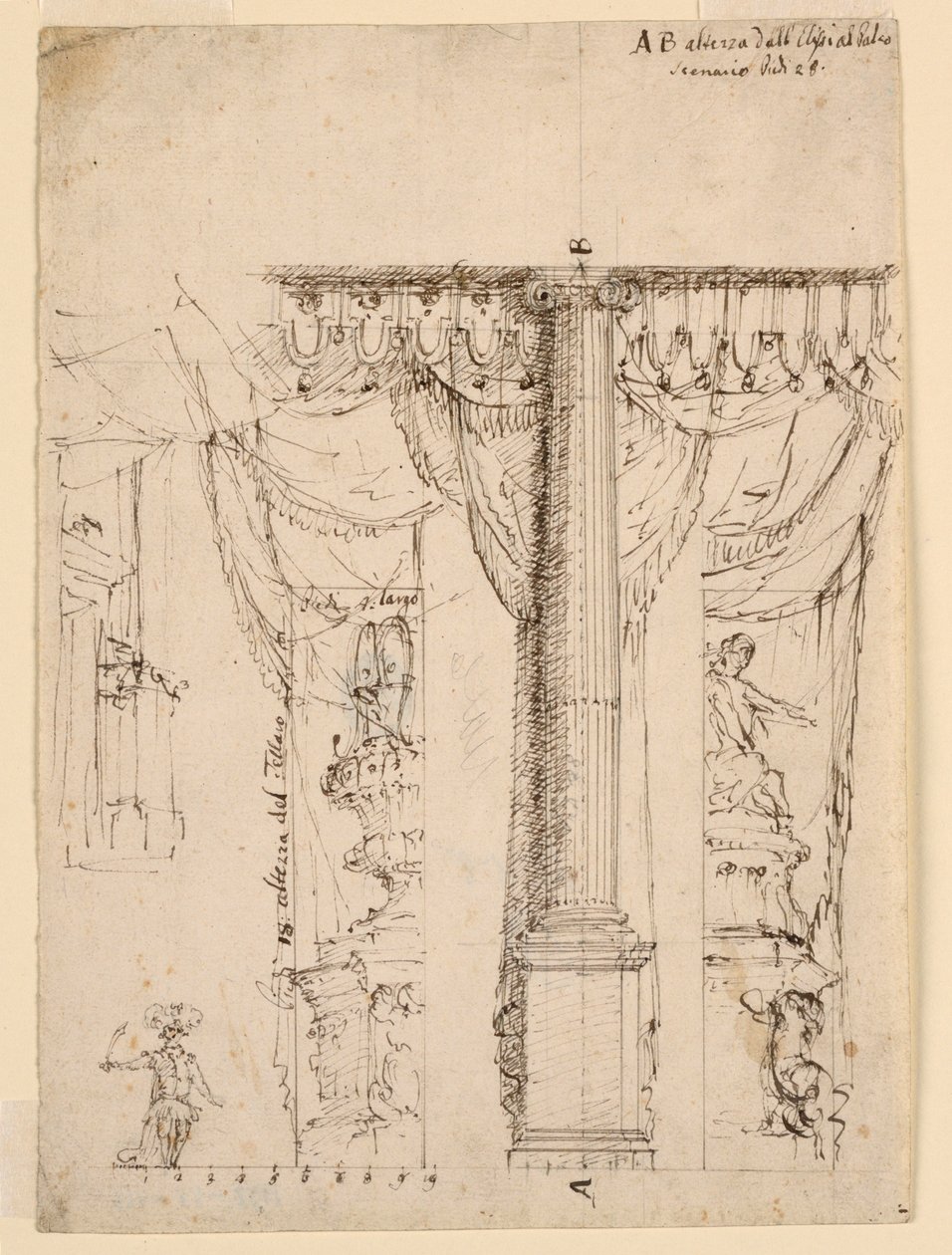Skiss för tre sidovingar med del av Proscenium-ram av Unknown artist
