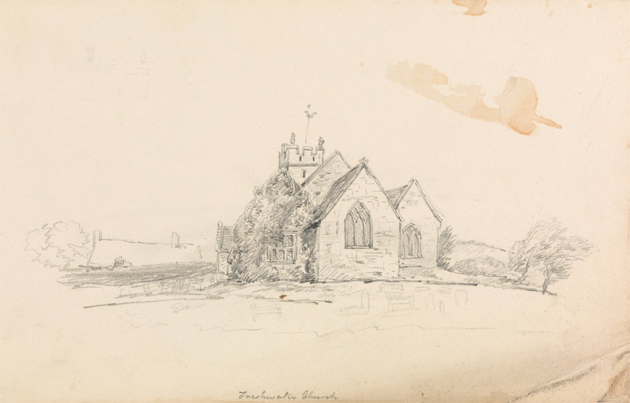 Skiss av en liten lantlig kyrka; skiss av ett skepp av Unknown artist