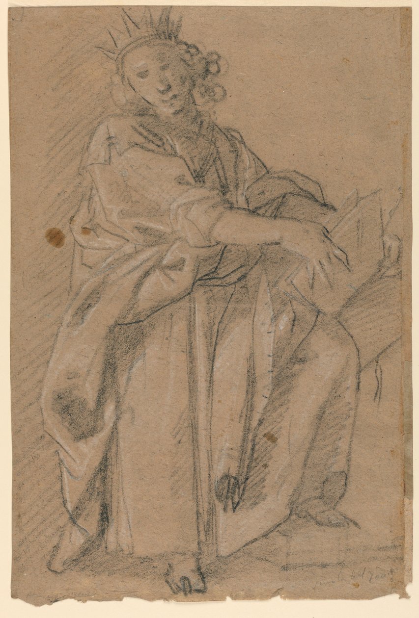 Skiss av en stående krönad figur med en bok av Unknown artist