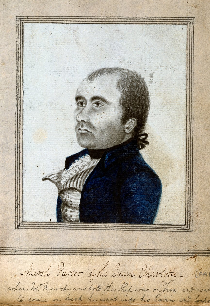 Skissat porträtt av Marsh, purser på "Queen Charlotte", ca 1794 (tvätt, blått, grått) av Unknown artist