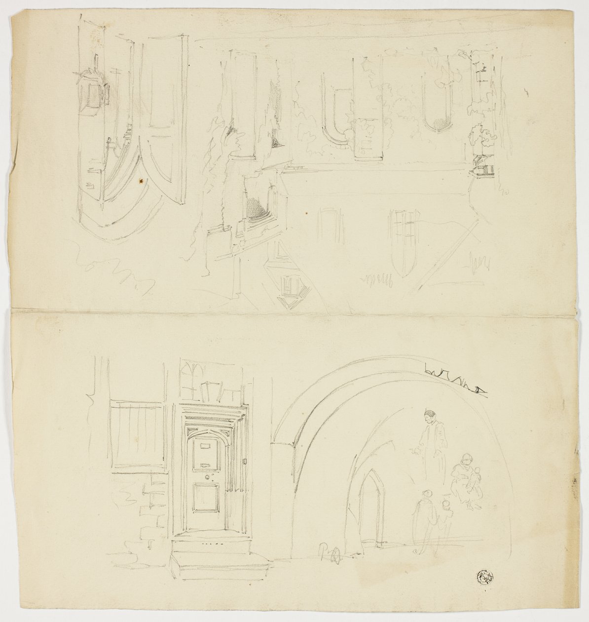 Skisser av dörröppning, figurer, byggnad med sidoingång till kyrka (recto); Skiss av tornspira (verso) av Unknown artist