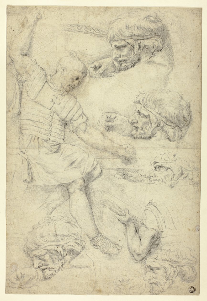 Skisser av soldat, huvuden, från romersk relief (recto); Skisser av manliga nakenbilder, från Roman Relief (verso) av Unknown artist