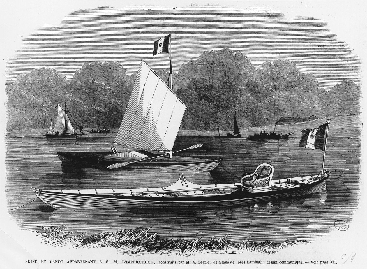 Skiff och kanot bredvid imperatrice, byggd av M.A. Searle de Stangate, nära Lambeth - gravyr av Unknown artist